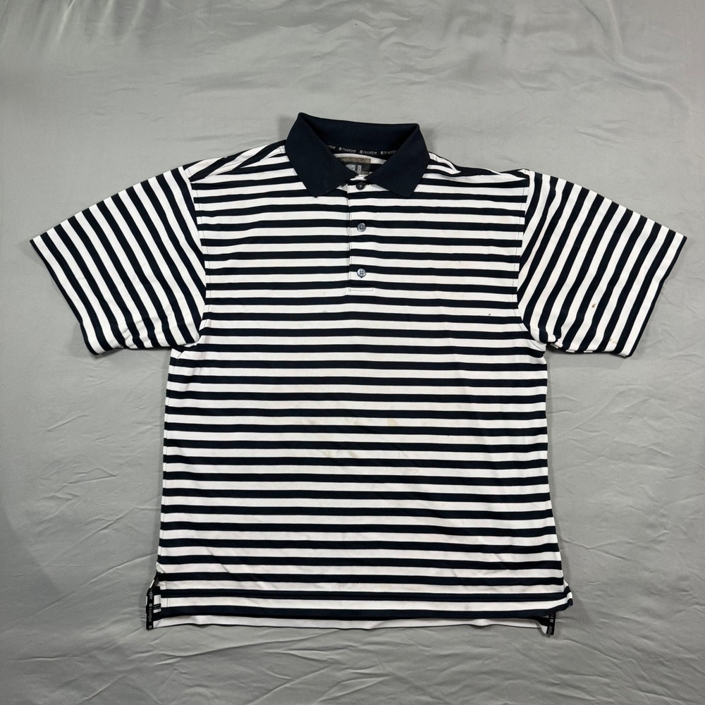 FootJoy Mens Striped Golf Polo Shirt Navy Blue White Short Sleeve Pique L Preppy